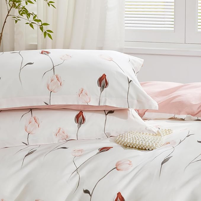 SAPHREAS Pink Red Rosebud Floral Duvet Cover Set King Size 3pcs Botanical Flower Soft Bedding Comforter Cover Set 100% Cotton 1 Duvet Cover 104"x90" 2 Pillow Shams, Comforter Not Included