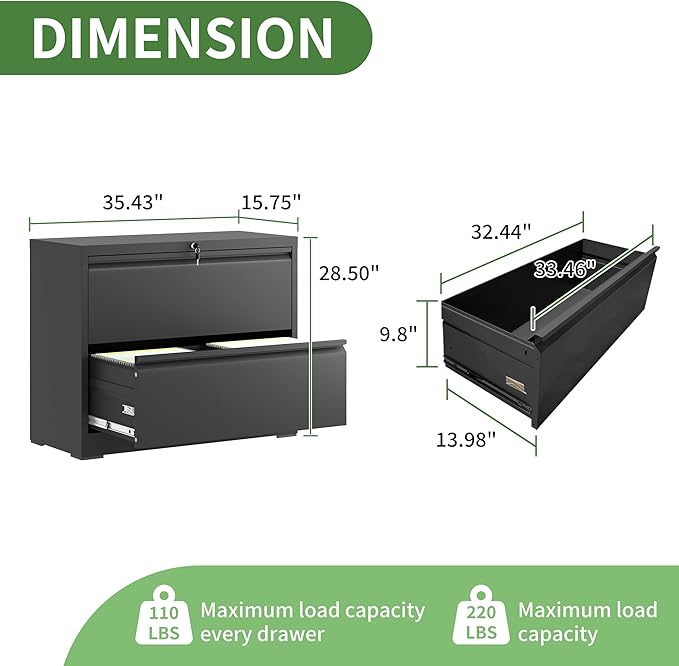 Lateral File Cabinet with Lock,2 Drawer Metal Filing Cabinets, Home Office Storage Cabinet for Hanging Files Letter/Legal/F4/A4 (Black)