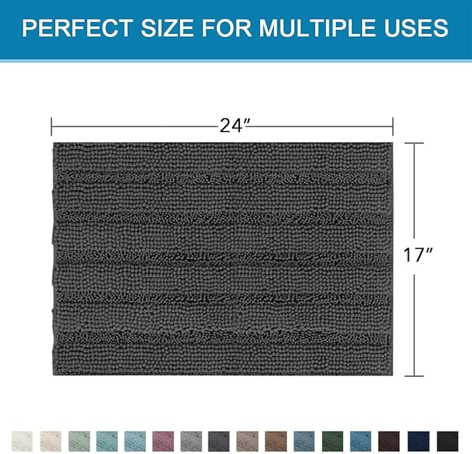 H.VERSAILTEX Bathroom Rugs Bath Rugs Non Slip Bath Mats Extra Thick Chenille Striped Rug 17" x 24" Absorbent Soft Shaggy Washable Dry Fast Bath Mats for Bathroom Floor - Grey