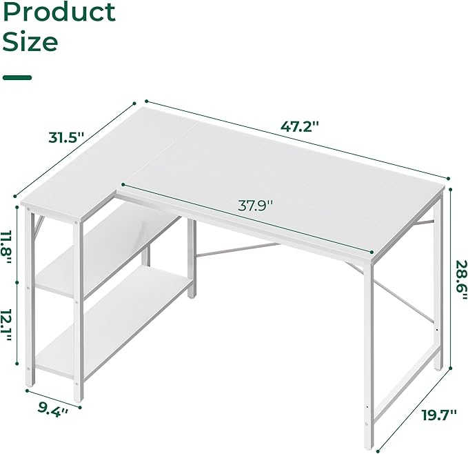 Huuger L-Shaped Desk - 47" Reversible Storage Corner Gaming Desk, Metal Frame, White
