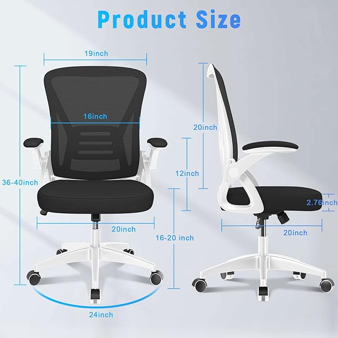 naspaluro Ergonomic Office Chair, Mid-Back Computer Chair with Adjustable Height, Flip-Up Arms and Lumbar Support, Breathable Bright White Mesh Desk Chair for Home Study Working
