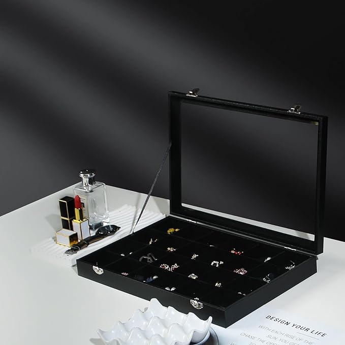 Coward Jewelry Organizer Box, Black Velvet 24 Grids Ring Earring Jewelry Display Tray Case with Transparent Glass Lid for Home Drawer or Shop Selling