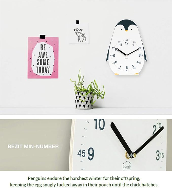 Non-Ticking, Silent 11-Inch Wall Clock – Decorative, Modern, Clean, Cute, Kid-Friendly Design for Indoor, Office, Home, Baby Room (Proud Penguin)