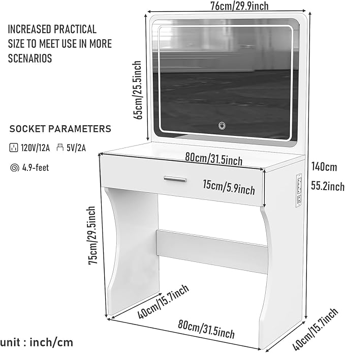 Vanity Desk, Makeup Vanity with LED Light Mirror, Small White Vanity with a Super Large Drawer and Power Outlet, 3 Color Lighting Modes Makeup Table for Bedroom, Dressing Room (White1)