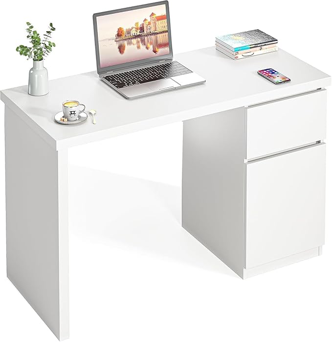 furtble White Desk with Drawers, 55 Inch Small Cute Desk for Bedroom, Home Office PC Desks Workstation Study Table Desks with Storage, White