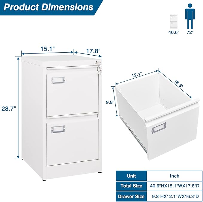 2-Drawer File Cabinet, 16.3" Deep Vertical Filing Cabinet with Lock, Metal File Cabinet for Home Office, Anti-Tip 2 Storage Drawers for Letter/Legal/A4/F4 Size (Assemble Required, White)