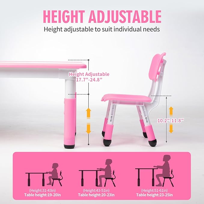 UNICOO Kids Table and Chairs Set, Height Adjustable Multi-Activity Preschool Table with Graffiti Desktop for Ages 2-8 - Versatile Kids Tables for Play, Learning, and Creativity(Maple Top/Pink Border)