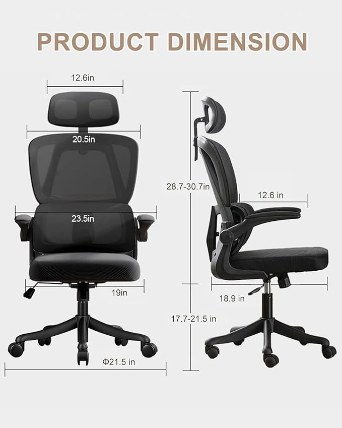 Office Chair Mesh Desk Chair, Ergonomic High-Back Rolling Gaming Work Chairs with Wheels and Adjustable Headrests,Comfortable Flip-up Arms for Home,Bedroom,Study Gaming