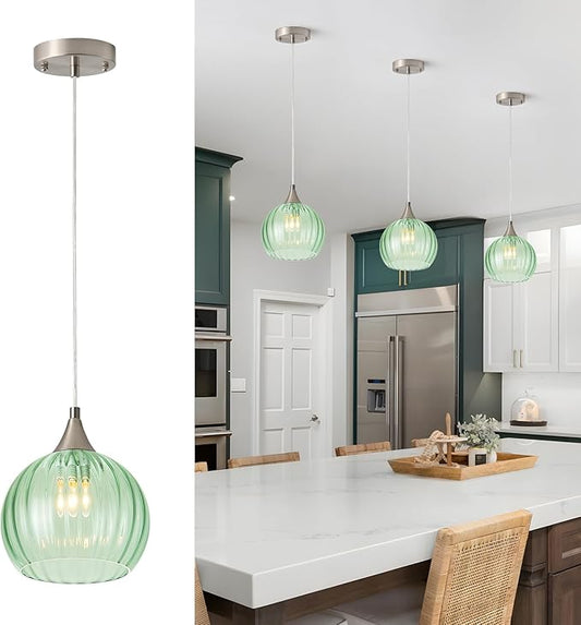 Brushed Nickel Pendant Lights Kitchen Island, Globe Pendant Light Fixtures with 8 Inch Clear Glass Shade, Modern Hanging Light Fixtures for Kitchen, Bedroom (1 Pack - Green Glass Pendant Light)