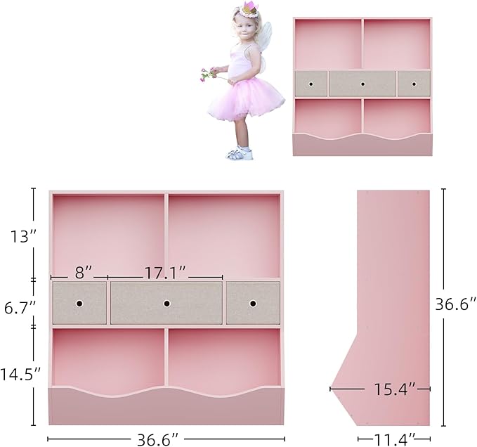GAOMON 7-Cubby Large Kids Toy Storage Organizer, Children Wood Bookcase and Bookshelf, 3-Tier Toy Storage Cabinet with 3 Drawers for Hallway, Playroom, Living Room, School,Pink