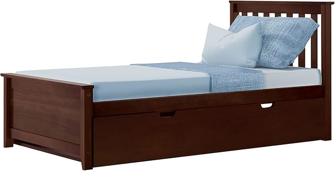 Max & Lily Twin Bed, Wood Bed Frame with Headboard For Kids with Trundle, Slatted, Espresso