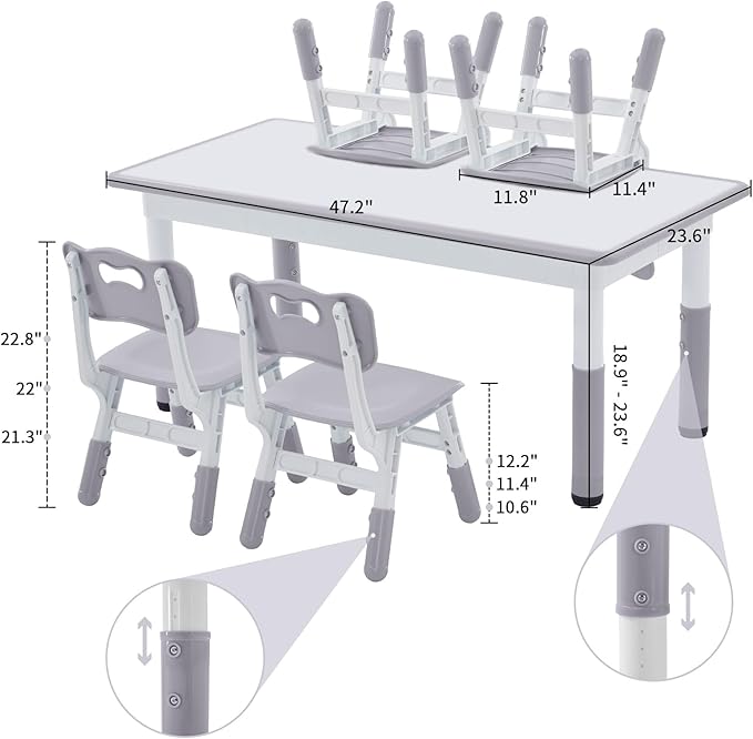 Toddler Table and Chairs Set for 4, 47.2''L x 23.6''W Kids Study Table and Chair Set, Height-Adjustable, Graffiti Desktop, Children Activity Table for Daycare, Classroom, Home