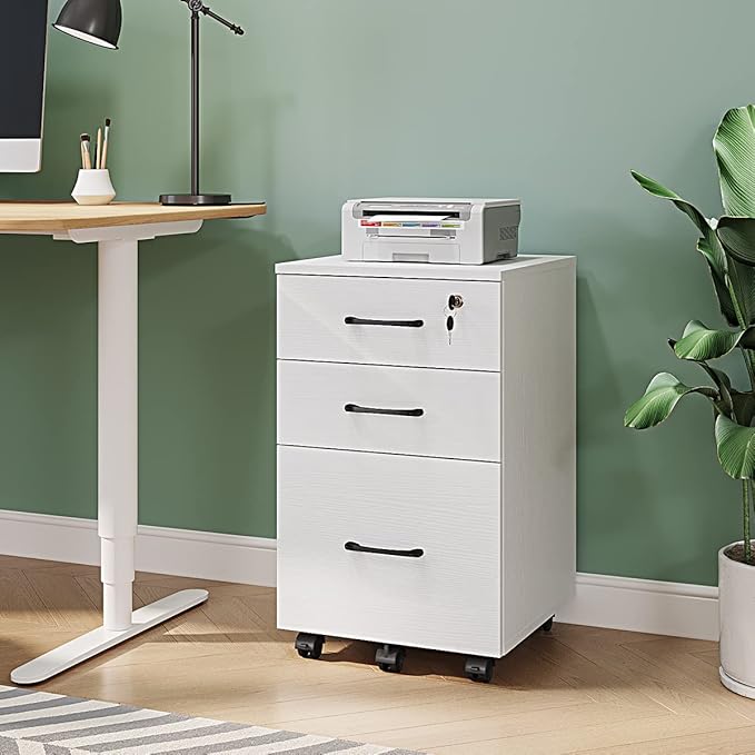 Panana 3 Drawer Wood Mobile File Cabinet, Under Desk Storage Drawers Small File Cabinet for Home Office (White)