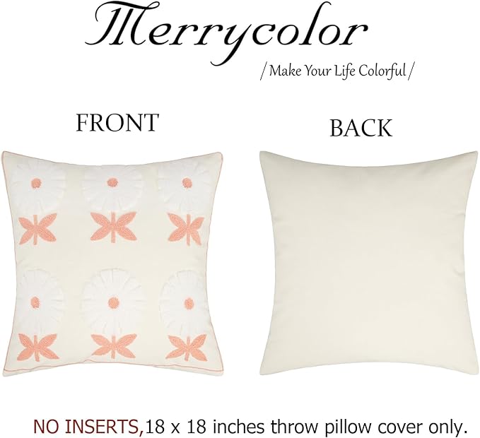 Merrycolor Boho Embroidered Throw Pillow Covers 18x18 Pink Flower Pillow Covers Textured Square Cushion Case Farmhouse Decorative Pillow Covers for Couch Bed,1PC, Beige and Pink Floral