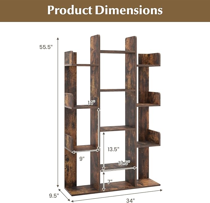 Tangkula Freestanding Tree Bookshelf, Corner Storage Organizer with 13 Open Shelves, Decorative Display Cube Shelf for Living Room, Study, Office, 34 x 9.5 x 55.5 Inch (1, Rustic Brown)