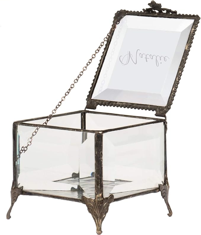 Personalized Clear Beveled Glass Box Decorative Vanity Display Case Storage Jewelry Organizer Keepsake Gift for Her Girl Women Vintage Decor J Devlin Ellen Box 326 EB245