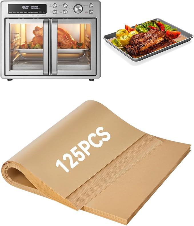 125PCS Air Fryer Liners for Midea Flexify French Door Toaster Oven Air Fryer Combo 26.4 QT, Non-stick Disposable Baking Parchment Paper Sheets Easy Cleanup Compatible with Black+Decker TO62D5-1SD