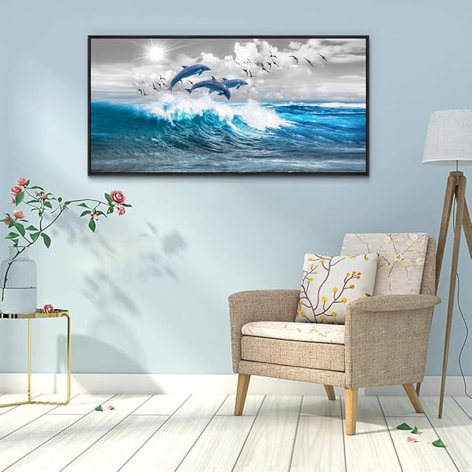 Wapluam Canvas Print Wall Art For Living Room Large Wall Decor For Bedroom Blue Waves Of The Sea Wall Pictures Artwork Modern Office Dolphins Wall Paintings Black Framed Home Decorations Poster