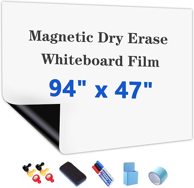Magnetic Dry Erase Whiteboard Paper with Adhesive, 94" x 47" White Board Film for Wall, Easy to Write and Clean Dry Erase Board for Office, Classroom, Home, Include Marker, Magnetic Eraser and Magnets