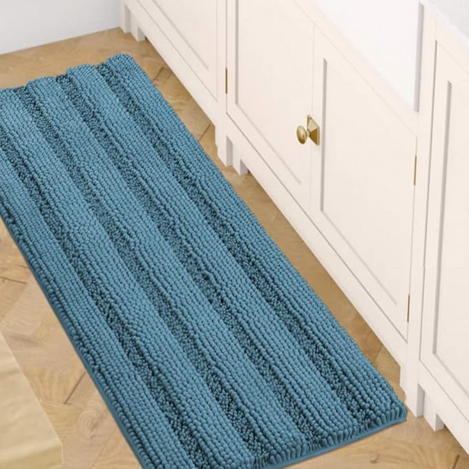 H.VERSAILTEX Bath Rugs for Bathroom Non Slip Bath Mats Extra Thick Chenille Striped Bath Rug Runners 47" x 17" Absorbent Fluffy Soft Shaggy Mats Plush Area Carpet for Bath Room - Turquoise Blue