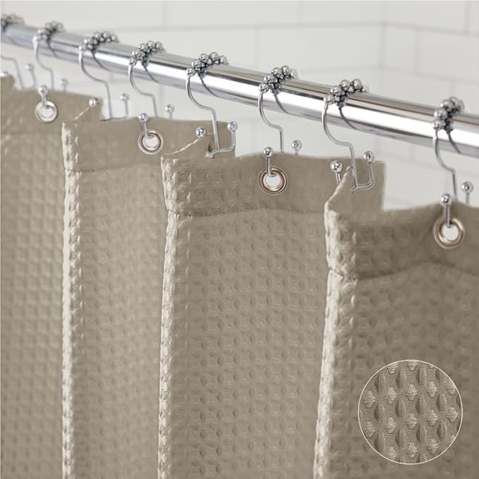 GORILLA GRIP Waffle Shower Curtain, Thick Weighted Fabric, 72x78, Wrinkle and Rust Resistant, Classic Hotel Quality Design, Heavy Duty Long Curtains for Bathroom Showers, Bath Tubs, Machine Wash Beige