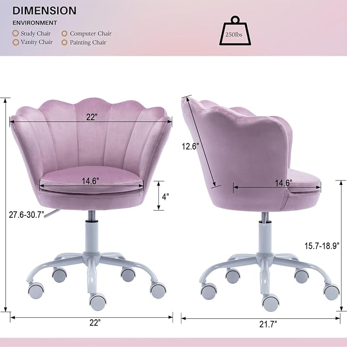 Purple Kids Desk Chair, Cute Velvet Adjustable Children Desk Chair Rolling Study Armchair Upholstered Computer Chair Shell Back 360° Swivel Vanity Chair for Teen Boys Girls Bedroom Study