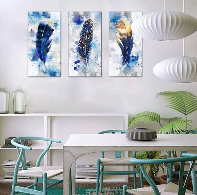 Pogusmavi Blue Canvas Wall Art for Living Room Large Modern Artwork Watercolor Feather Print Picture 3 pieces Canvas Wall Art Bedroom Wall Decor Ready to Hang for Home Office Decoration