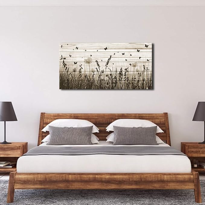 Wildflower Wall Art Autumn Canvas Picture Butterfly Grass Dandelion Artwork Vintage Wooden Board Painting Prints for Bedroom Living Room Office Home Kitchen Wall Decor Framed Ready to Hang 24" x 48"