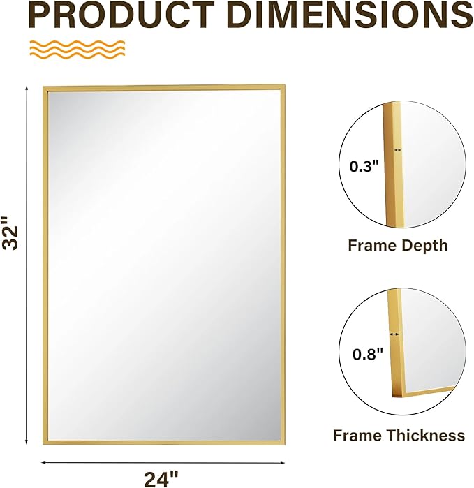 HARRITPURE 24"x32" Framed Bathroom Mirror for Wall Rectangle Mirror Aluminum Alloy Frame Wall-Mounted for Farmhouse Entryway Bedroom Living Room Gold