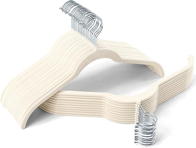 30 Pack Premium Velvet Shirt Hangers, Non-Slip Slim Flocked Clothes Hanger with 360° Swivel Hook, Space Saving Felt Hangers for Coats, Sweaters, Tank Top, Blouses(Beige)