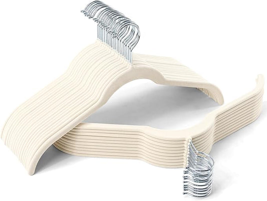 30 Pack Premium Velvet Shirt Hangers, Non-Slip Slim Flocked Clothes Hanger with 360° Swivel Hook, Space Saving Felt Hangers for Coats, Sweaters, Tank Top, Blouses(Beige)