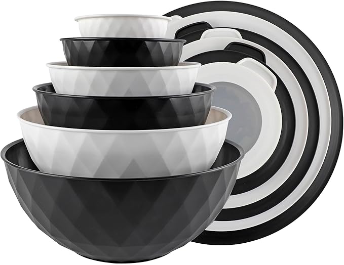 COOK WITH COLOR Mixing Bowls with Lids - 12 Piece Plastic Nesting Bowls Set includes 6 Prep Bowls and 6 Lids, Diamond Design - Microwave Safe (Mint)