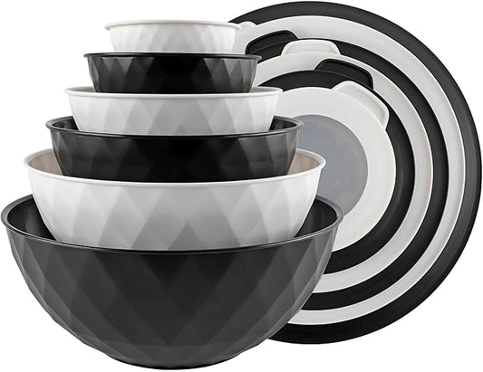 COOK WITH COLOR Mixing Bowls with Lids - 12 Piece Plastic Nesting Bowls Set includes 6 Prep Bowls and 6 Lids, Diamond Design - Microwave Safe (Mint)