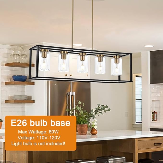 VINLUZ Farmhouse Chandeliers for Kitchen Island with Clear Glass Shade Black and Brushed Brass 5 Light Dining Room Lighting Fixtures Hanging, Rectangle Pendant Lights Industrial Ceiling Light