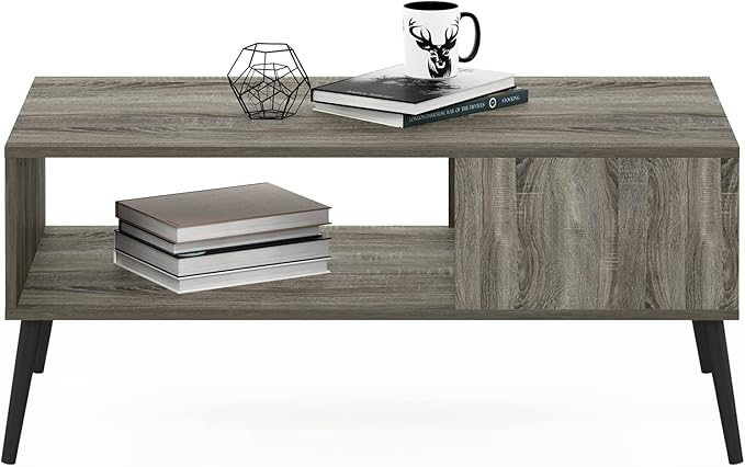 Furinno Claude Mid Century Style Coffee Table with Wood Legs, French Oak Grey Large Non-Lift Top
