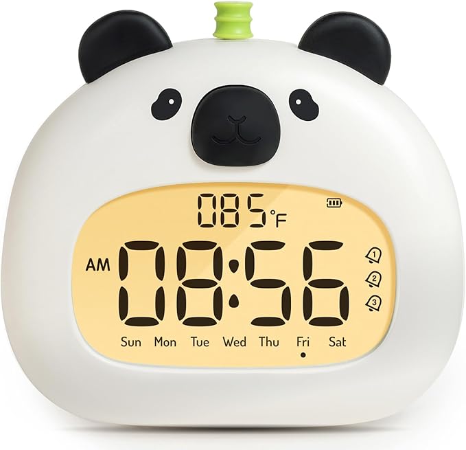 Panda Sleep Trainer Alarm Clock for Kids, LCD Night Light Dimming, USB Rechargeable, 3 Alarms Timer Wake up Helper for Boys & Girls Bedroom Decor Gifts