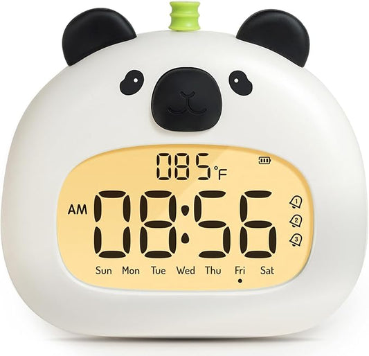 Panda Sleep Trainer Alarm Clock for Kids, LCD Night Light Dimming, USB Rechargeable, 3 Alarms Timer Wake up Helper for Boys & Girls Bedroom Decor Gifts