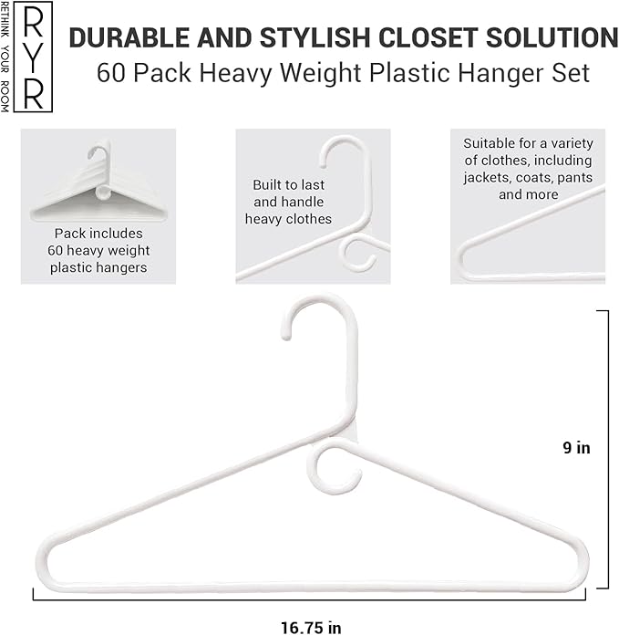 Clothes Hangers 60 Pack Plastic - Heavy Duty Space Saving Coat, Velvet Hangers, Pant Hangers for Closet Organization - Durable Non-Slip, White Wardrobe Essentials Bulk Storage