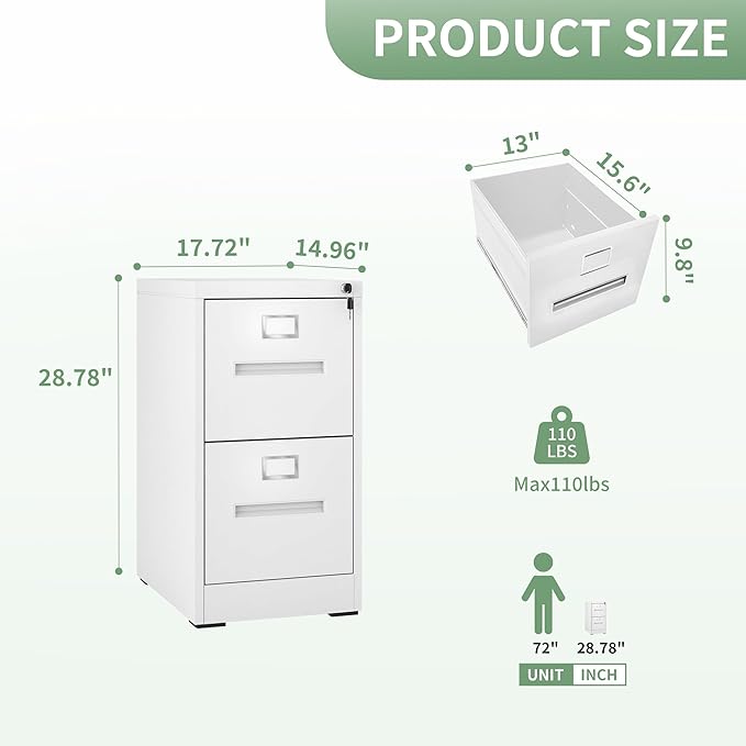 AQY 2 Drawer File Cabinet with Lock,Filing Cabinets for Home Office,Metal File Cabinet 18" Deep Vertical Storage Drawer for Hanging A4/F4/Letter/Legal Size Files, Assembly Require