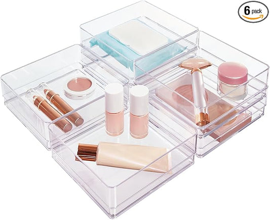 STORi SimpleSort 6-Piece Stackable Clear Drawer Organizer Set | 6" x 6" x 2" Square Trays | Small Makeup Vanity Storage Bins and Office Desk Drawer Dividers | Made in USA
