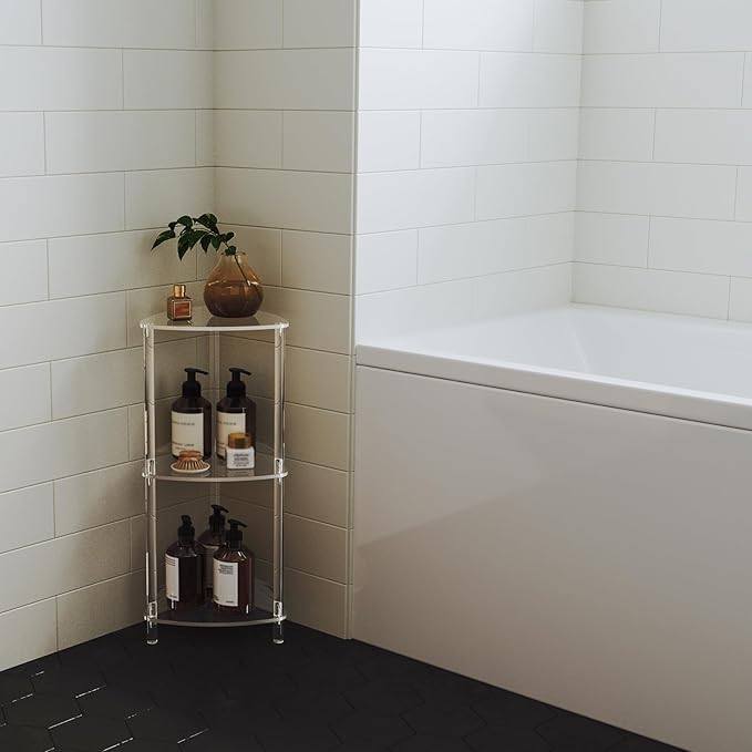 Aquiver Acrylic Standing Shower Caddy - Triangle Shower Organizer Stand - 3 Tier Corner Shower Caddy Shower Organizer Shelf for Inside Bathroom, Bathtub, 11.4'' D x 11.67'' W x 26.2'' H, Clear