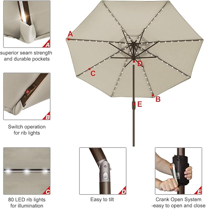 EliteShade USA 10-Year-Non-Fading Solar 9ft Market Umbrella with 80 LED Lights Patio Umbrellas Outdoor Table Umbrella with Ventilation, Antique Beige