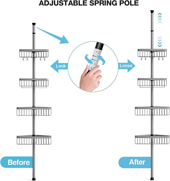 Corner Shower Caddy Tension Pole: Stainless Steel Rustproof 4-Tier Shower Organizer - 47-121 inch Adjustable Bathroom Shelves for Bathtub Shampoo Storage - Tension Rod Floor Standing Bath Rack
