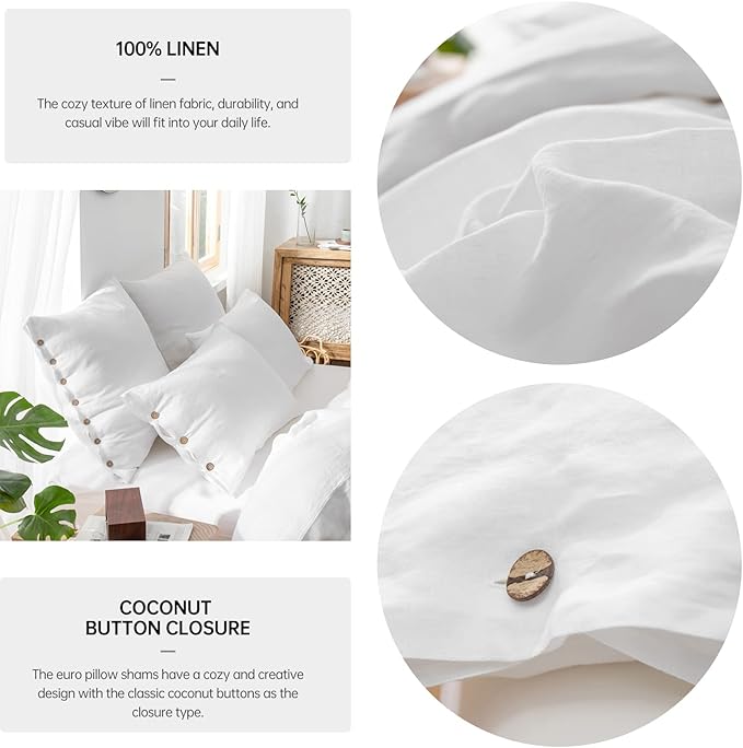 Simple&Opulence 100% Washed Linen Euro Sham Cover, 26 x 26 Inch, Decorative Bed Pillow Cover with Coconut Button, Solid Color Pillow Shams Set of 2 (White)