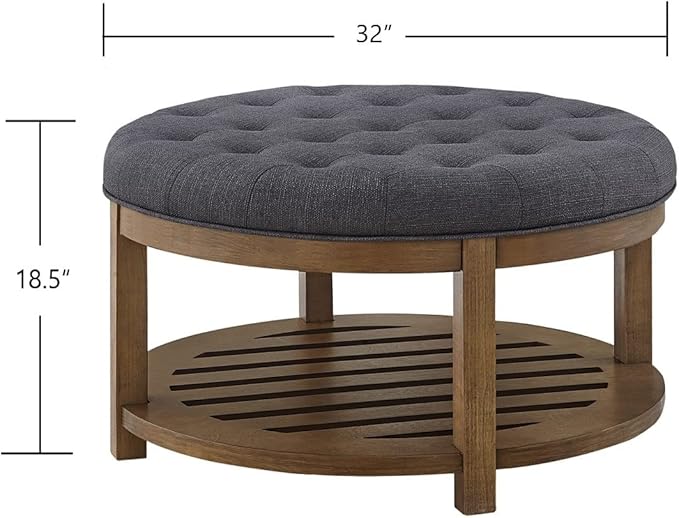 24KF Large Round Upholstered Tufted Linen Ottoman Coffee Table, Large Footrest Ottoman with Wood Shelf Storage-Charcoal