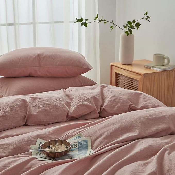 Face Two Face Bedding Duvet Cover Set 3 Pieces 100% Washed Cotton Duvet Cover Linen Like Textured Breathable Durable Soft Comfy (King, Old Pink)