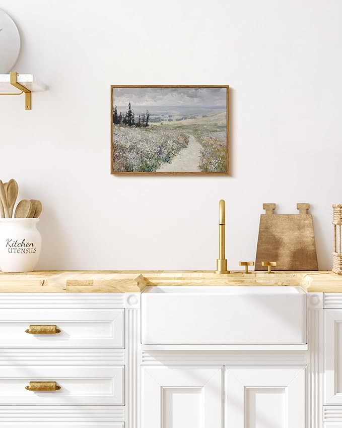InSimSea Framed Wall Art for Living Room Vintage Landscape Decor Meadow Path Flowers Paingting Wall Decor Aesthetic Cloudy Farmhouse Art Canvas Print Home Decor for Bathrrom, Bedroom Décor 12x16In