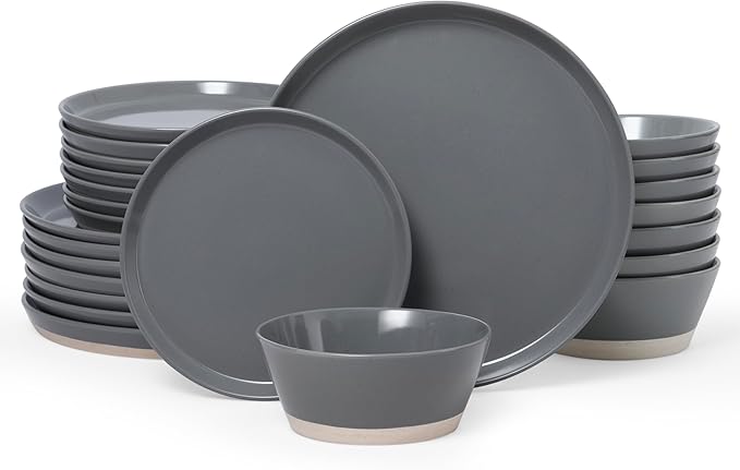 Famiware Saturn Speckled Dinnerware Sets for 8 (24 Pieces), Stoneware Plates and Bowls Dish Set - Chip and Scratch Resistant, Microwave and Dishwasher Safe, Dark Gray