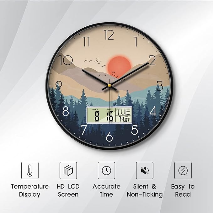 Silent Wall Clock with Day Week Temperature Wilderness with Sunset Non-ticking Battery Operated Large Digital Modern Clocks Display with Calendar and Date for Kitchen Farmhouse Bathroom Office 12 Inch