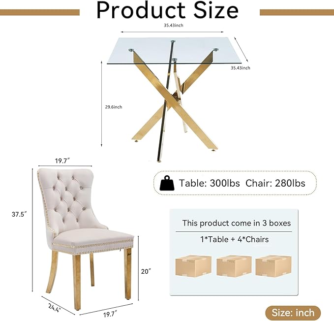 Goujxcy Glass Dining Table Set for 4, Modern Kitchen Table and Chairs Set of 4, 5-Piece Kitchen Dining Room Table Set w/36 Square Gold Glass Dining Table and 4 Beige Velvet Upholstered Chairs